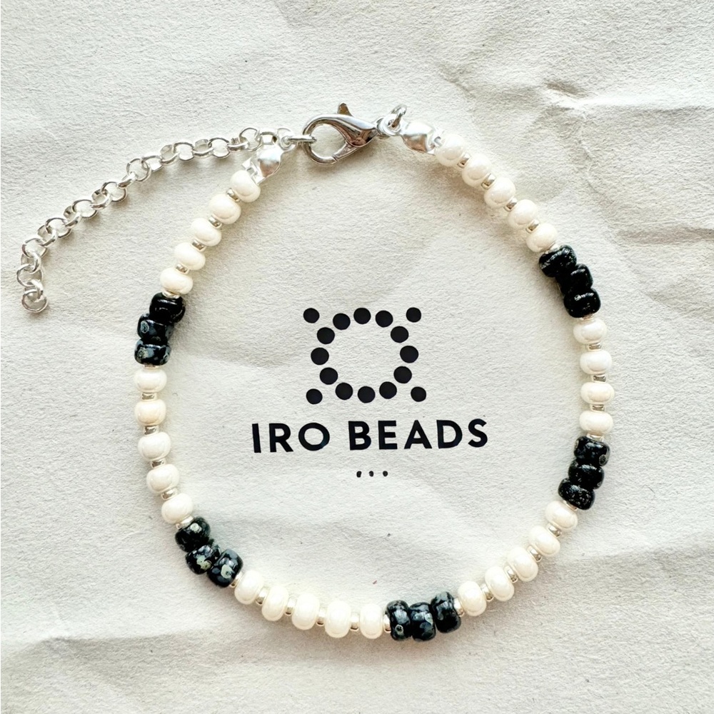 Elegant Handmade Bracelet with White & Black Picasso Beads on Beading Wire